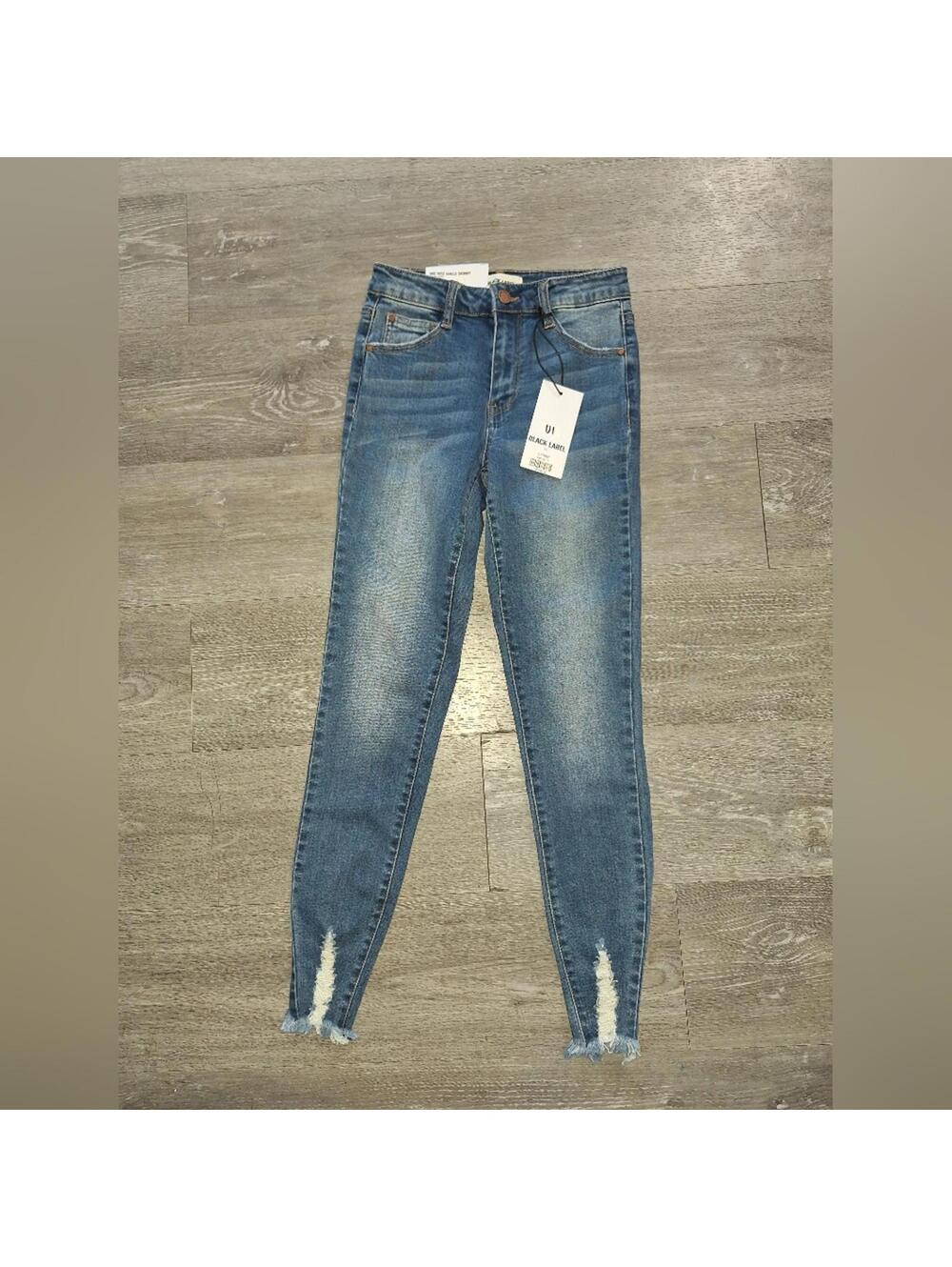 Black Label Women's Blue Skinny Jeans with Frayed Ankles